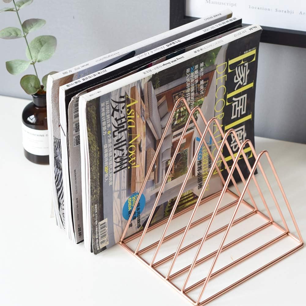 Heavy Duty Metal Triangle Organizer Rack Rose Gold,9 Slot Newspaper Magazine Holder Document File Stand Journals Book Rack for Office, Living Room Study Decorative Storage Rack