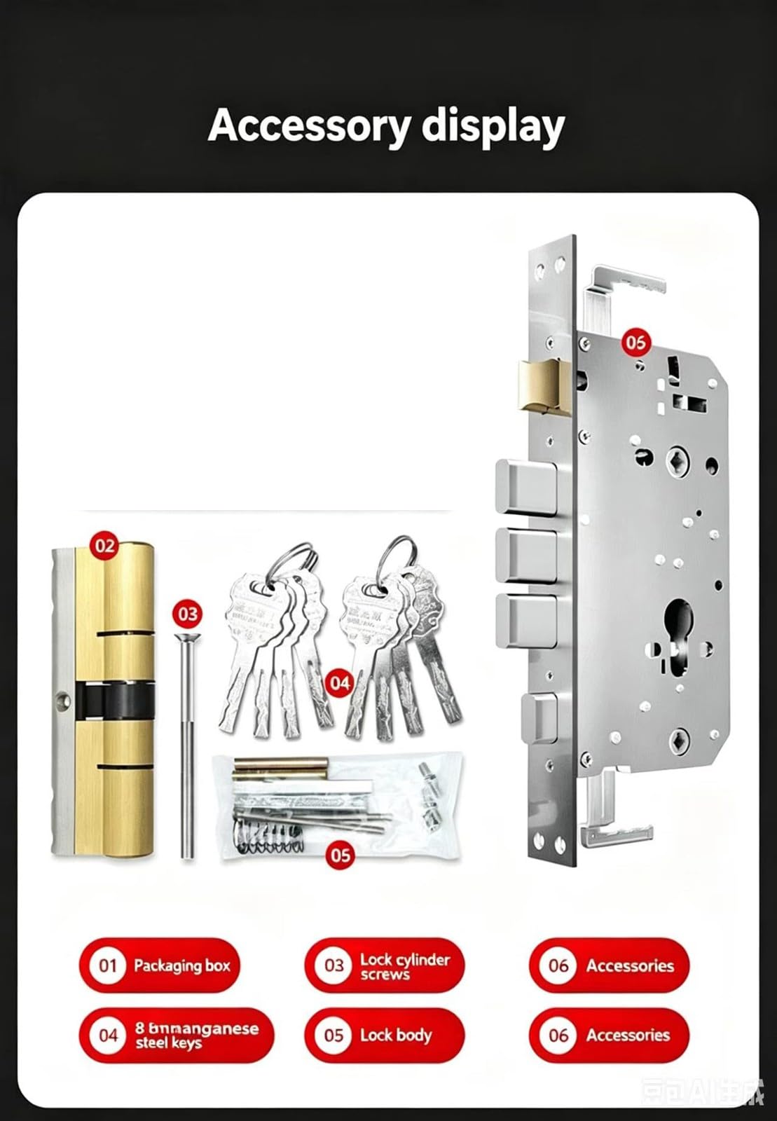 Serratura Meccanica in Acciaio Inox, Set Maniglia Antifurto per Porta D'Ingresso, Finitura Nera(B+Inside Open)