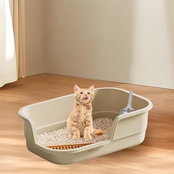 Open Cats Litter Boxes Open Top Pet Litter Pan Easily Carry Cat Litter Container Pet Cat Toilet Sand Box Kitten Toilet, beige