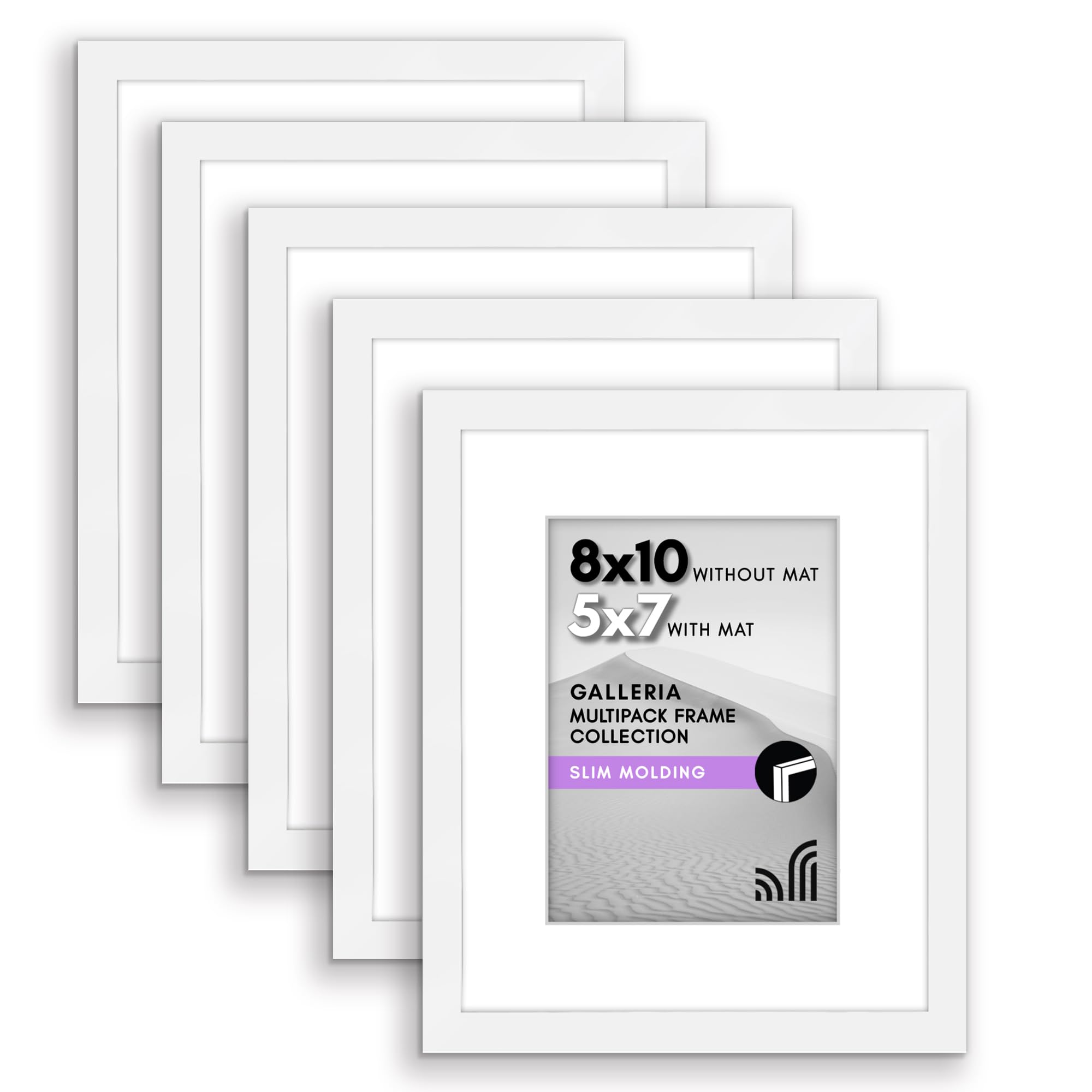 Americanflat 8x10 Picture Frame in White - Displays 5x7 With Mat and 8x10 Without Mat - Set of 5 Frames - Sawtooth Hanging Hardware and Easel Stand Included For Horizontal and Vertical Display