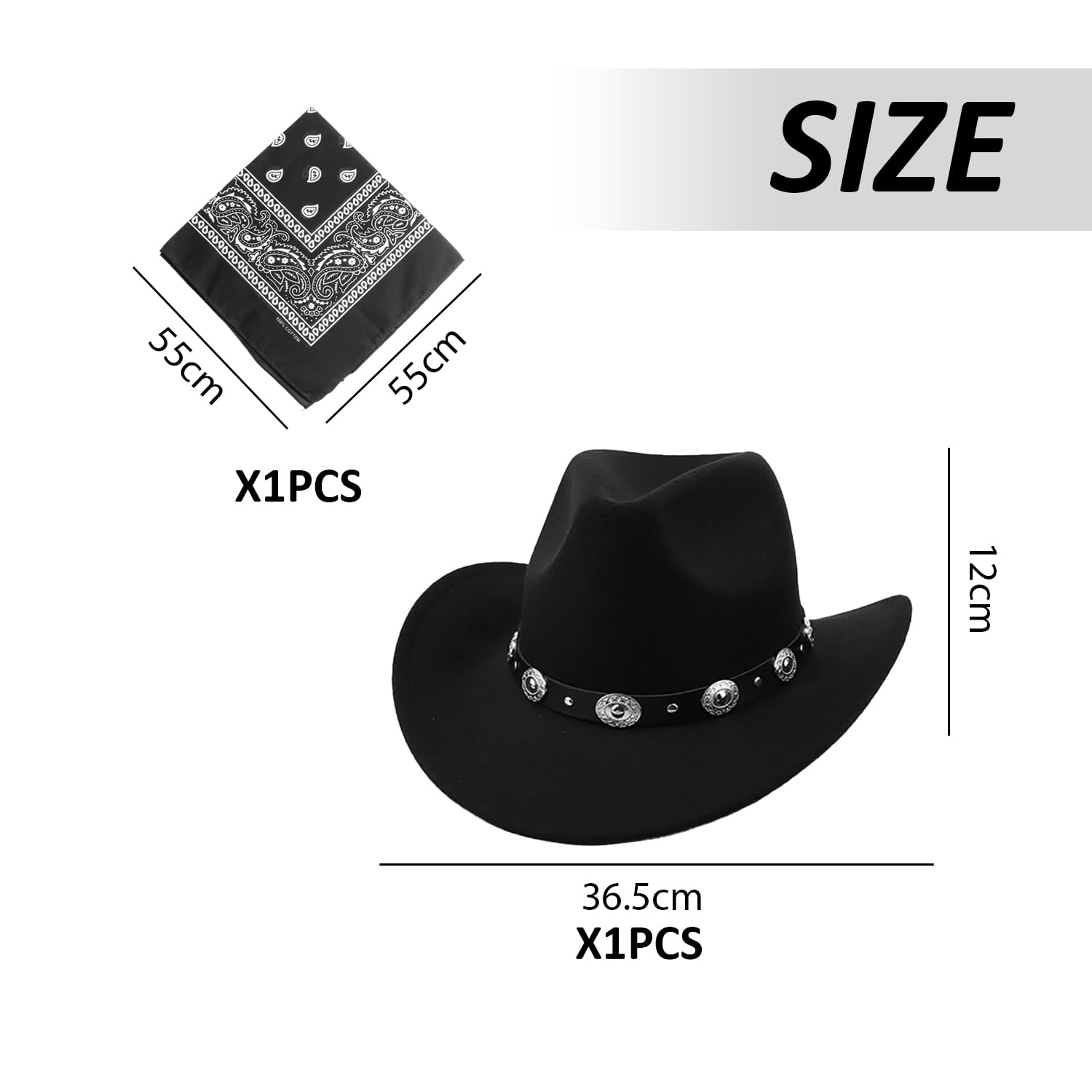 1 Chapeau De Cowboy En Feutre À Large Bord Et 1 Écharpe Carrée Multifonctionnelle, Chapeaux Rétro, Accessoires Vestimentaires, Chapeaux Simples À La Mode