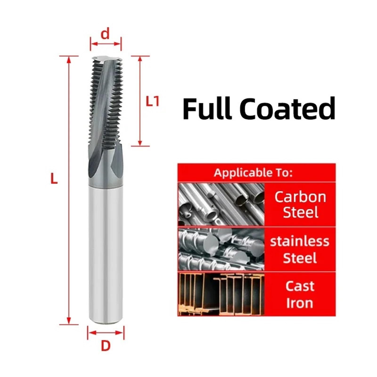 Fresa de roscar de carburo, fresa de roscar de dientes completos, fresas de metal con revestimiento de aleación dura, fresas de extremo roscadas(M5x0.8)