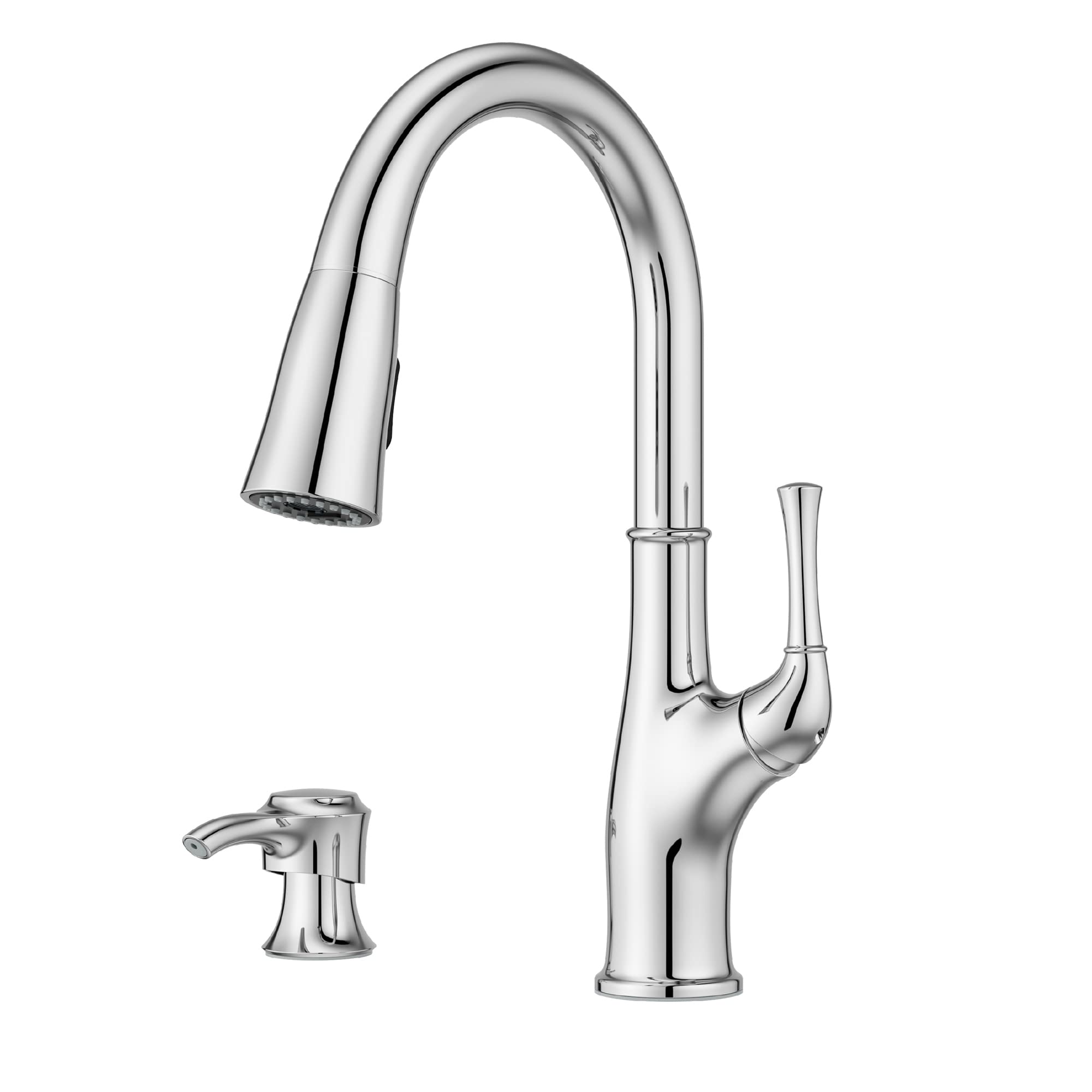 pfister alderwood kitchen faucet with pull down sprayer and soap dispenser, single handle, polished chrome finish, f5297awc