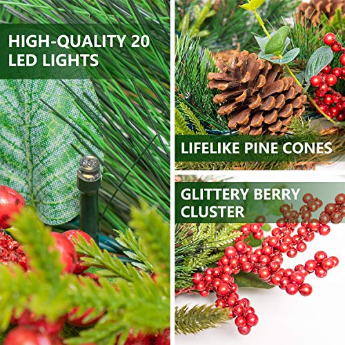 Rocinha Prelit Christmas Wreath with Lights, 22 Inches Artificial Front Door Wreath Garland with Berry, Pine Cone - Ideal Christmas Decor for Winter Holiday New Year, Indoor Outdoor