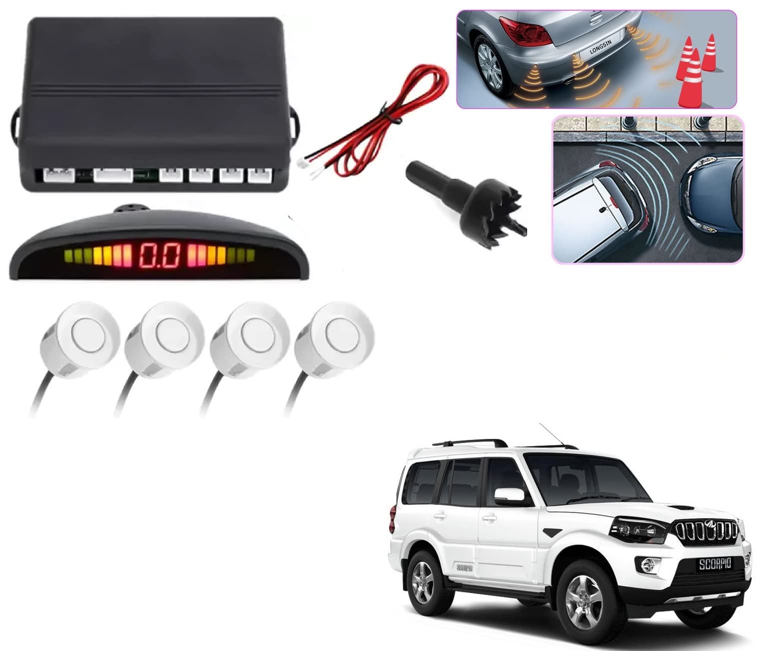 Auto Addict Car Reverse Parking Sensor with LED Display 4 Sensor Reverse Parking Auto Radar Detectors (White) for Mahindra Scorpio Old-image-35