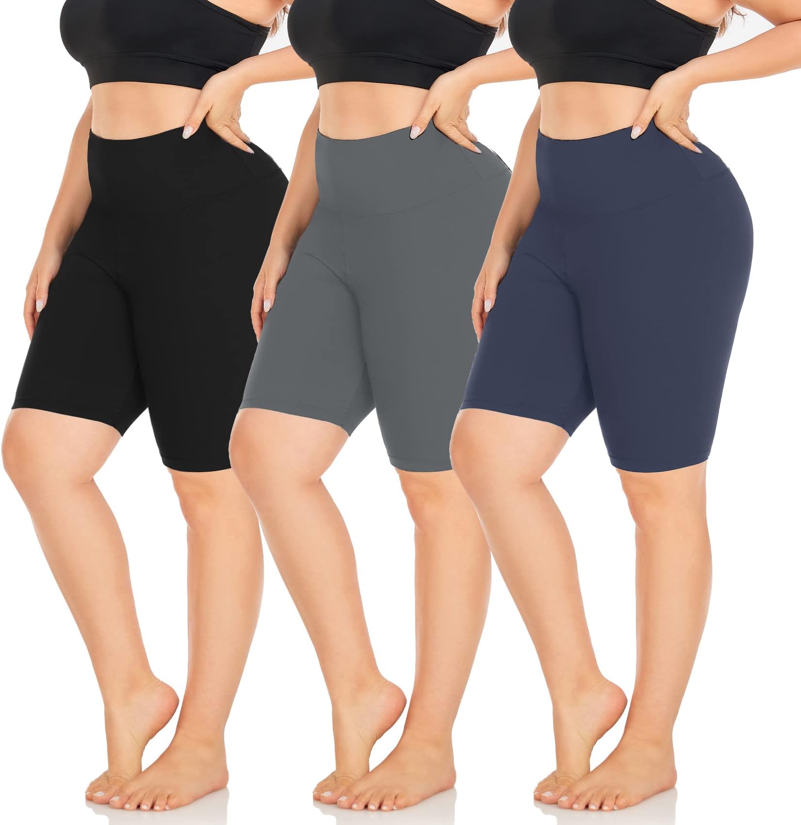 NEW YOUNG3 Pack Plus Size 8" Biker Shorts for Women-High Waist Tummy Control Black Workout Spandex Soft Yoga Shorts Summer