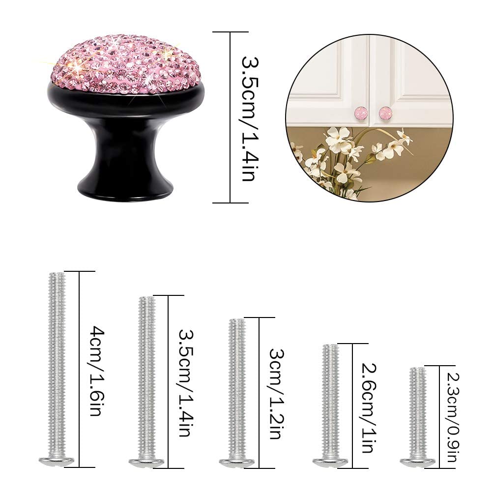 10-Pack Pink Crystal Cabinet Knobs - 1-1/8" Round Bling Drawer Pulls, Diamond Dresser Handles With Screws