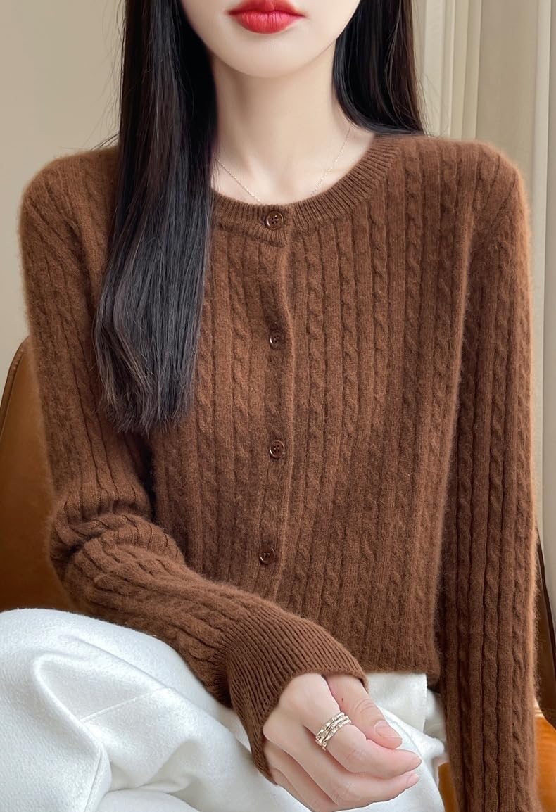 Lana de Tejido de Lana para Mujer, Cárdigan de Punto Redondo, Botón de Botones, Jersei de Punto Suave, Camiseta Casual de Manga Larga, Ropa Exterior Ligera, Prendas de Punto para Otoño E