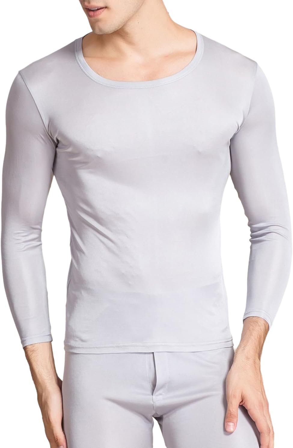 Men Silk Thermal Shirts Underwear Mulberry Silk Long Johns Top Scoop Neck Long Sleeve Base Layer Undershirts Blouse