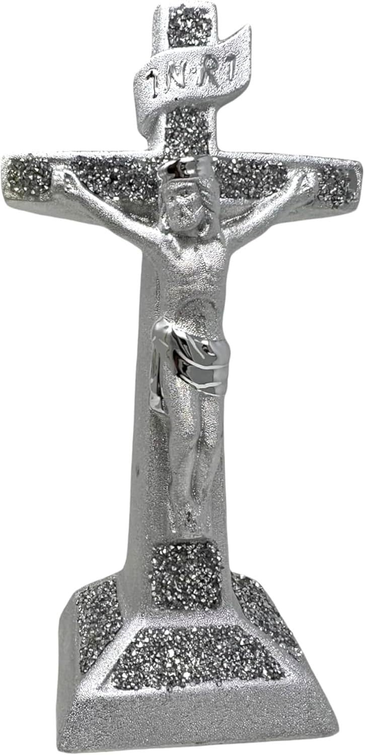 SHABJY Crystal Crushed Diamond Jesus Christ Crucifix Statue 32cm Silver Bling Religious Ornament Christian Figurine Sculpture for Home, Church, Office Decor Elegant Catholic Gift for Christmas