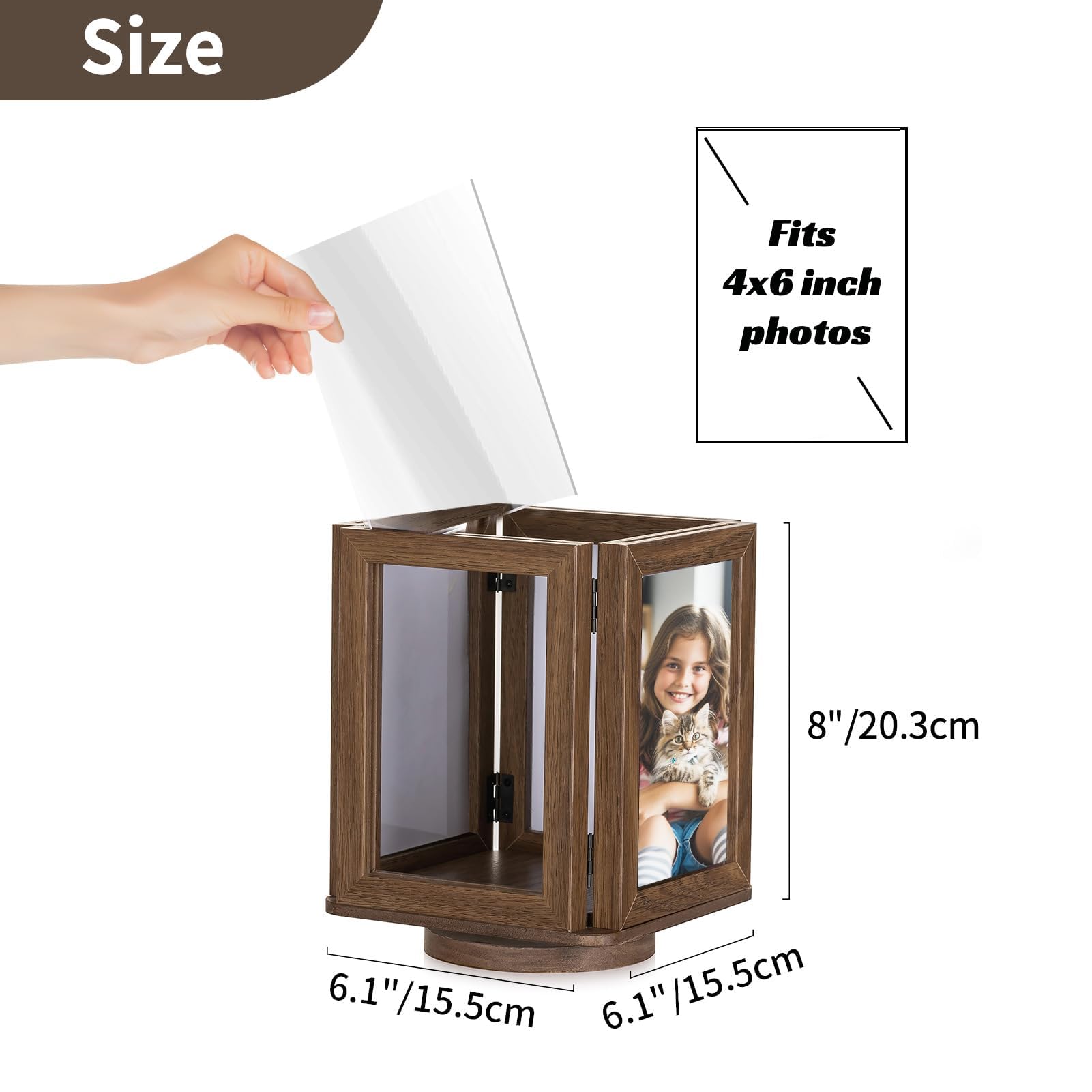 NUPTIO Cadres photo rotatifs en forme de cube : lot de 2 cadres photo en bois marron double 10,2 x 15,2 cm pour mariage, Noël, anniversaire, bureau, décoration de bureau à domicile