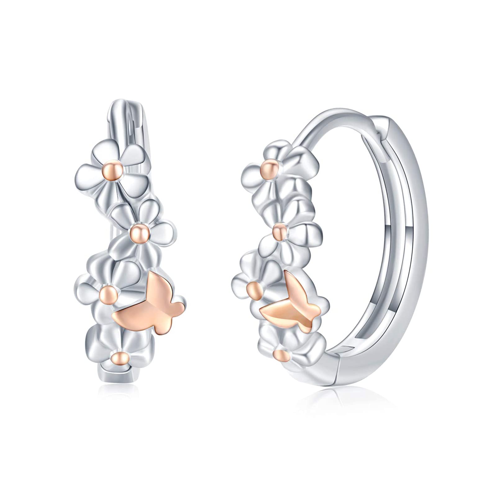 Blumen Ohrringe 925 Sterling Silber Schmetterlinge Ohrring Creolen Hypoallergene Ohrringe Blumen Schmuck Roségold Geburtstagsgeschenk für Damen Mädchen Kinder