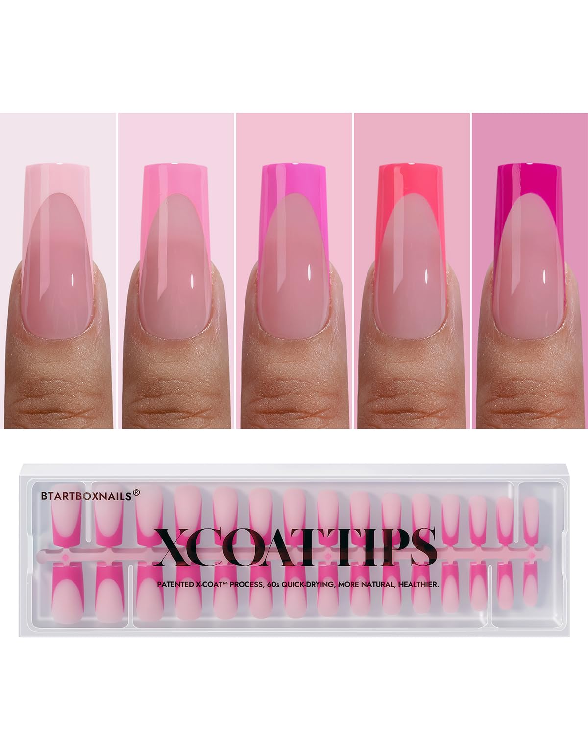 BTArtboxnails XCOATTIPS Pink French Tip Press On Nails - Long Press On Nails Square, Soft Gel Nail Tips, 150Pcs Soak Off Acrylic Pink Fake Nail Extension in 15 Sizes