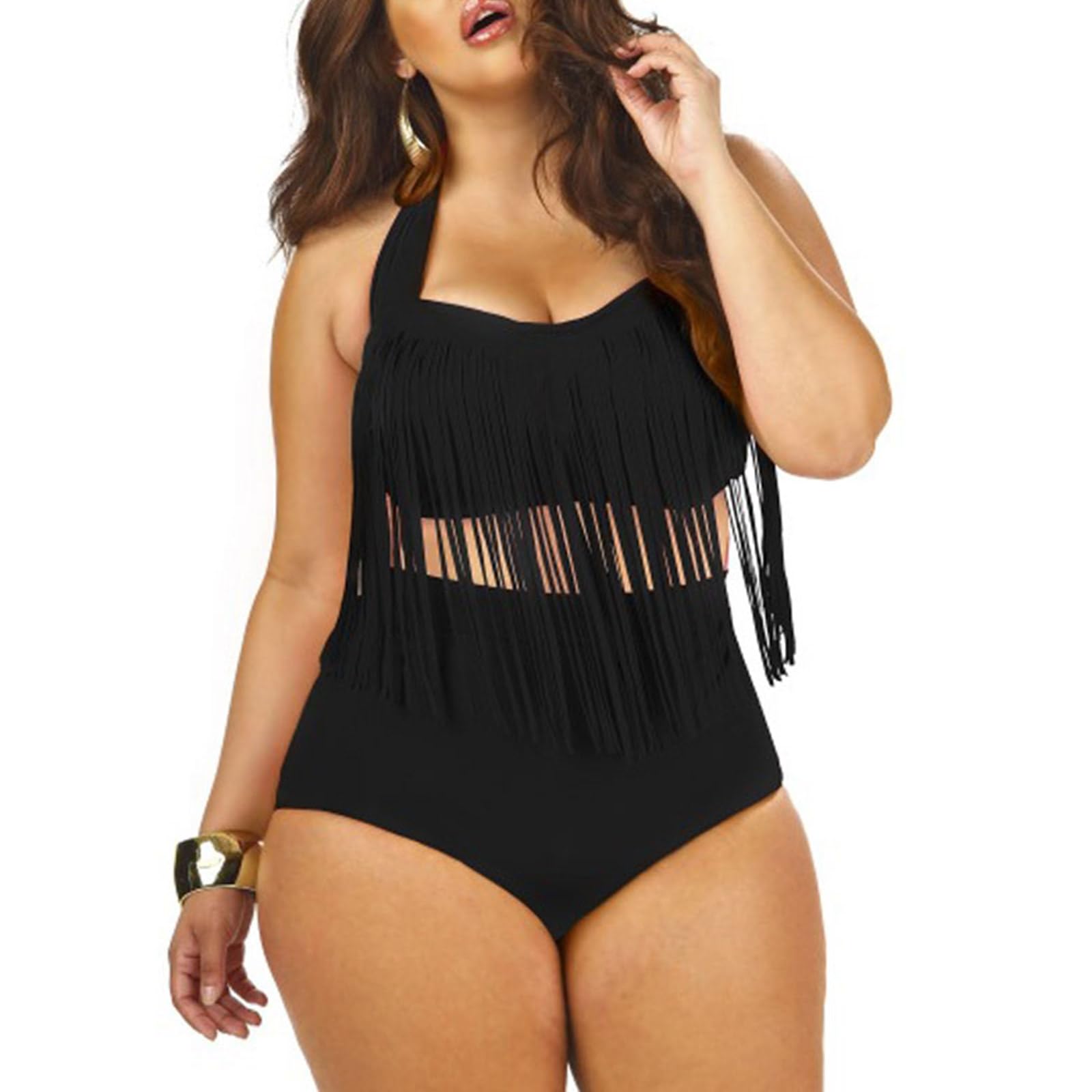 Women High Waisted Fringe Two Piece Swimsuit Oversize Bikini Bathing Suit Beachwear Plus Size High Waist Fringe Swimwear Womens Halter Swimsuits Two Piece Plus Size Bikini Sets For Women High Waisted