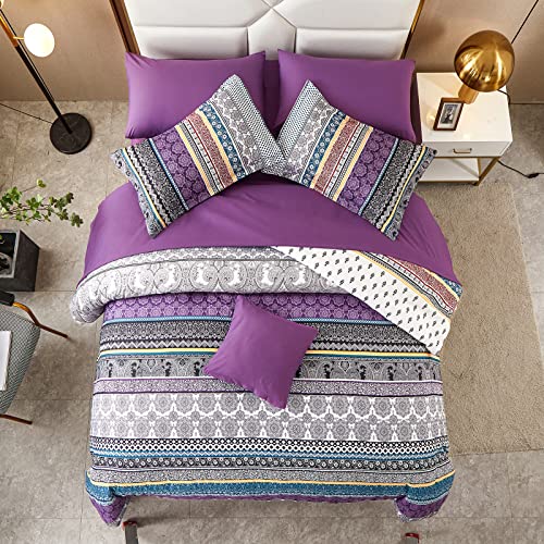 Image of Cottolester Boho Comforter Set King Size 8 Piece Bed in a Bag Bohemian Striped Bedding Quilt Set Purple Paisley Floral Comforter and Sheet Set,Soft Microfiber Complete Bedding Sets for All Season