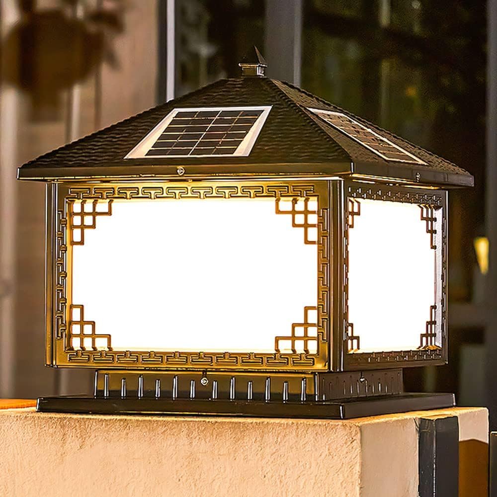 QUSYZD Outdoor Solar Post Light Vintage Table Lamp Exterior Post Lantern with Pier Square Acrylic Shade Led Pillar Light Fence Post Deck Lighting for Garden Patio Pathway,33CM