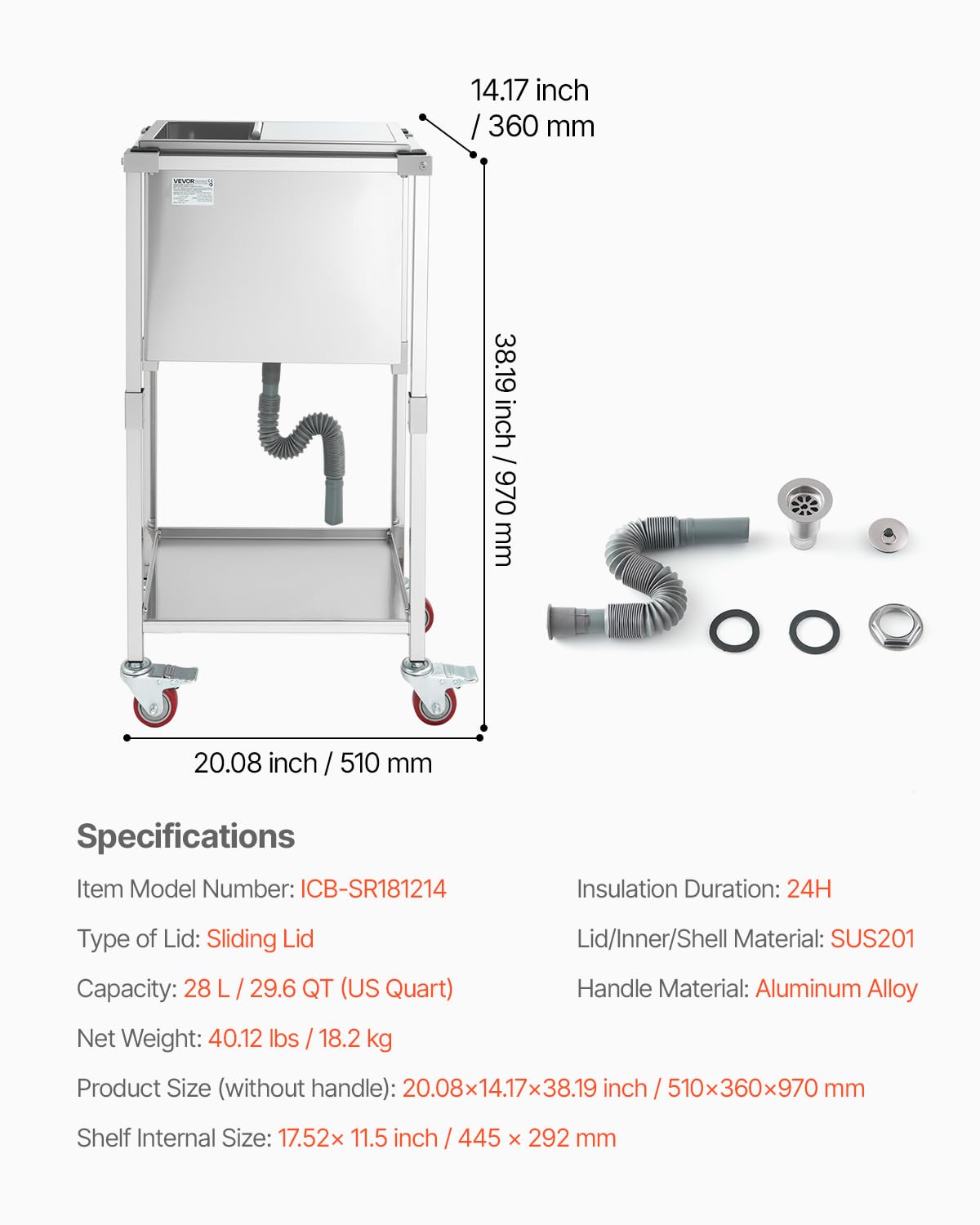 VEVOR Carrello Frigo con Ruote, 510 x 360 x 970 mm, Contenitore per Ghiaccio in Acciaio Inox su Ruote, Carrello Frigo da Esterno da 28 Litri con Ripiano, per Patio, Cortile, Bar per Feste