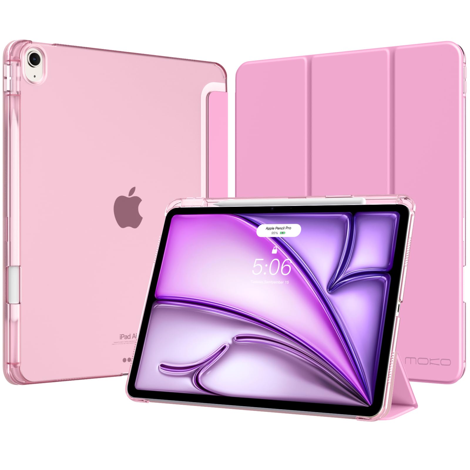 MoKo Hülle für iPad Air 13 Zoll (M4/M3/M2) 2026/2025/2024 mit Stifthalter, Schlank Leicht Trifold Schutzhülle mit Hart PC Transluzenter Rückseite, Auto Schlafen/Aufwachen, Rosa