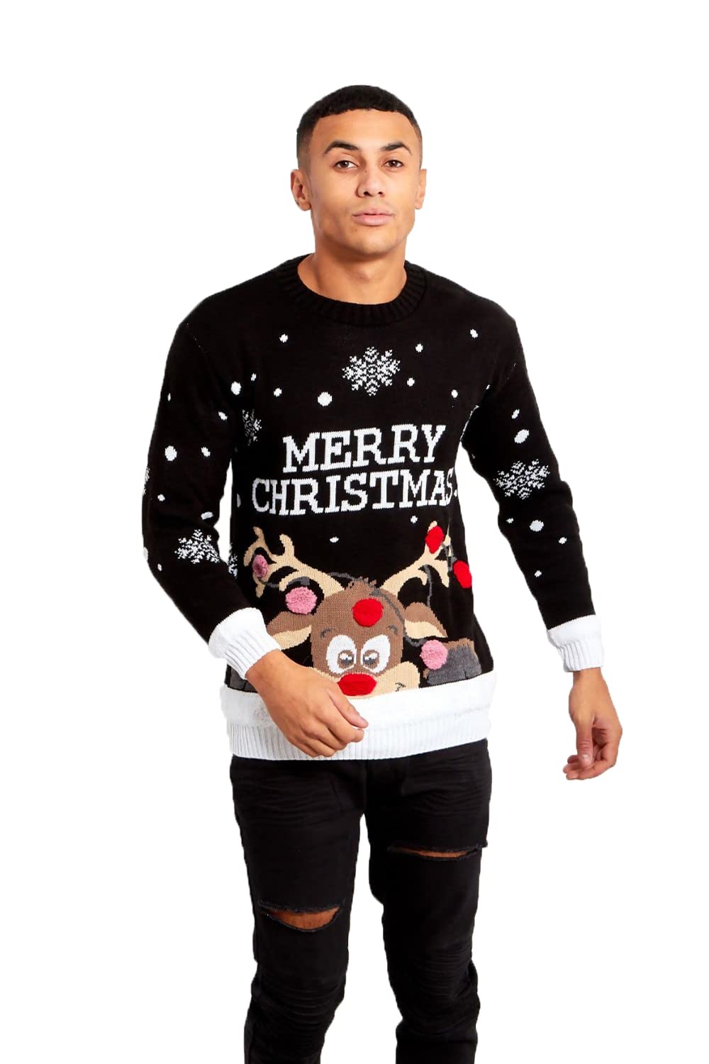J5fashion Mens Pom Reindeer Merry Christmas Xmas Jumper Black M