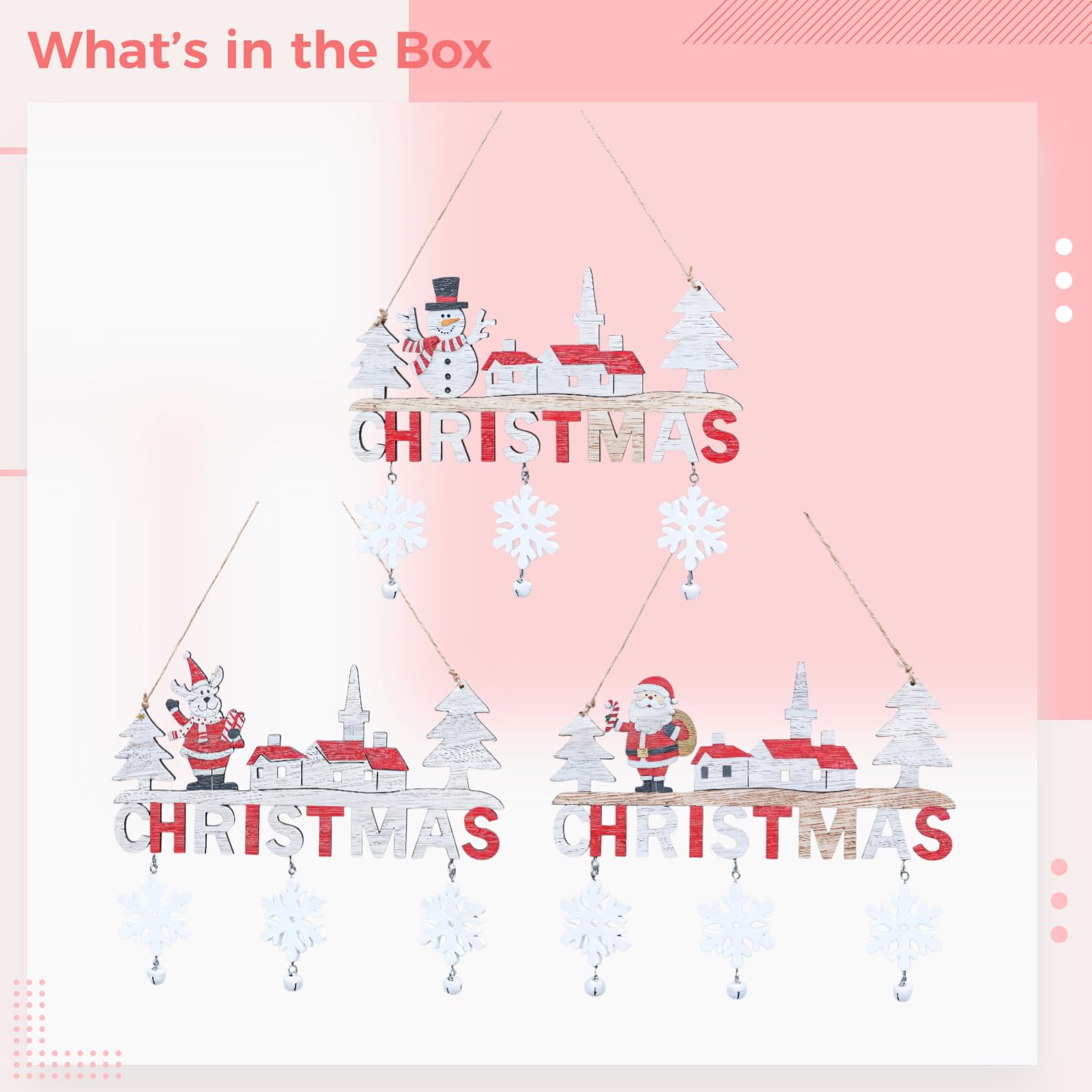 Juego de 3 letreros de madera para colgar en la puerta de Navidad, de 7.9 x 8.7 pulgadas con campanas de copo de nieve, Papá Noel, muñeco de nieve, reno para decoración navideña en interiores y