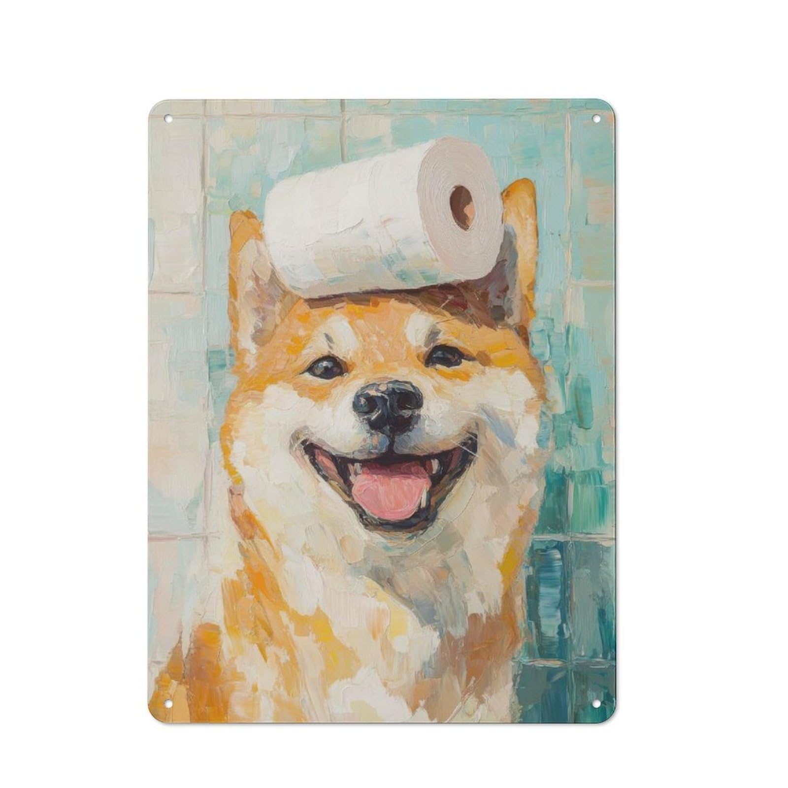 Retro Metal Sign 40x30cm Featuring Shiba Inu with Toilet Paper, Home Bar Decor for Pub, Home Bar, Shed Or Man Cave