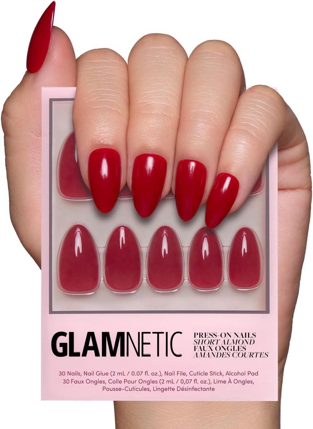 Press On Nails - Classic Red | Opaque Cool Tone, Timeless Red Short Almond Fake Nails, Reusable | 15 Sizes - 30 Nail Kit