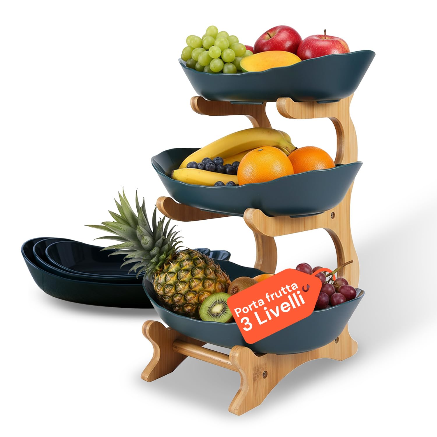 Avilia Portafrutta 3 Livelli in Bambù – Porta Frutta da Tavolo con 3 Cestelli, Fruttiera Multilivello Salvaspazio, Organizer Cucina per Frutta Snack e Pane, Centrotavola Moderno