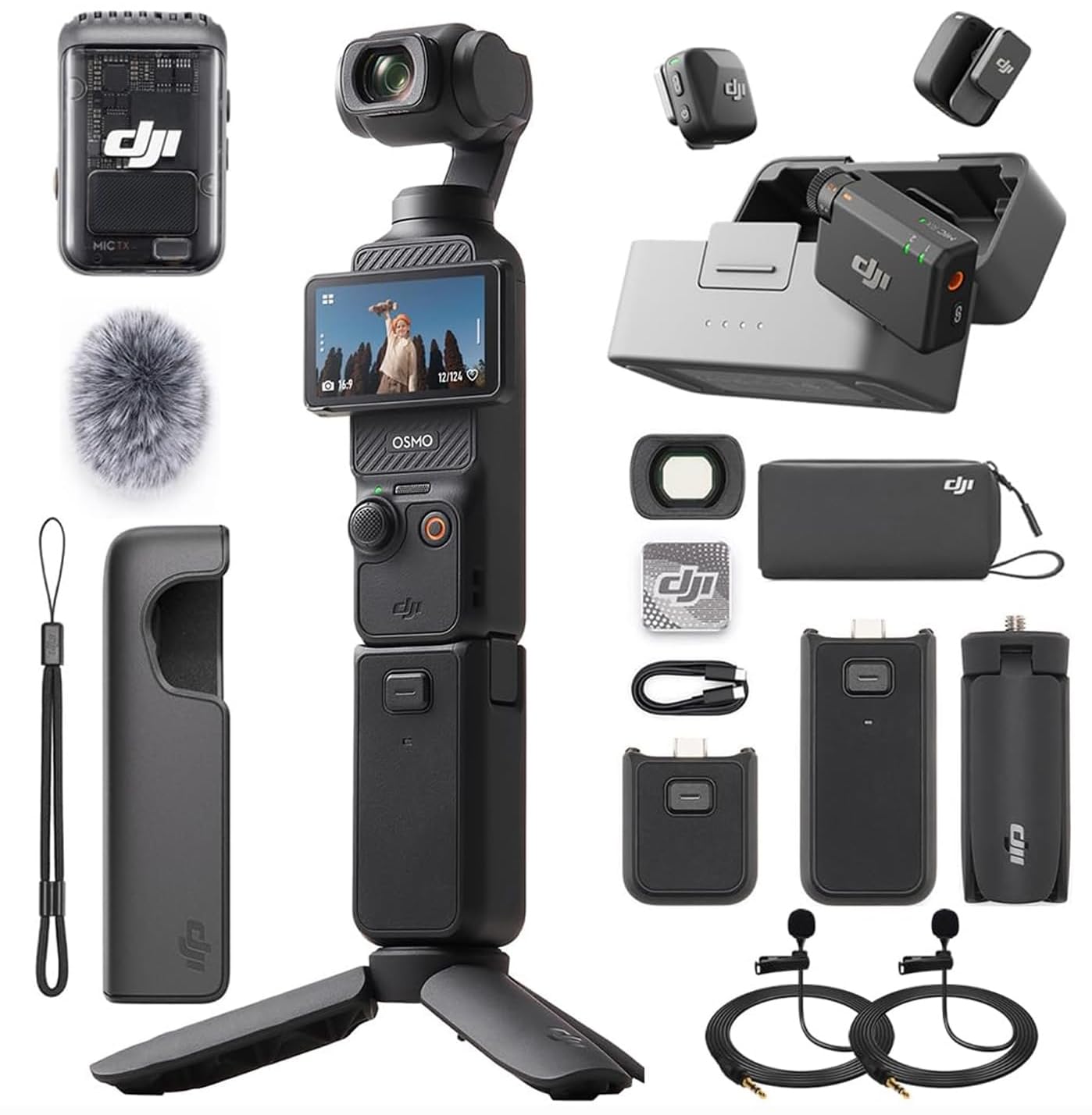 DJI Osmo Pocket 3 Creator Combo 4K 120fps Handheld 3-Axis Gimbal Bundle Mic Mini (2 TX + 1 RX + Charging Case) + 2X Deco Essentials 3.5mm Computer Clip-On Mini Lapel Microphone