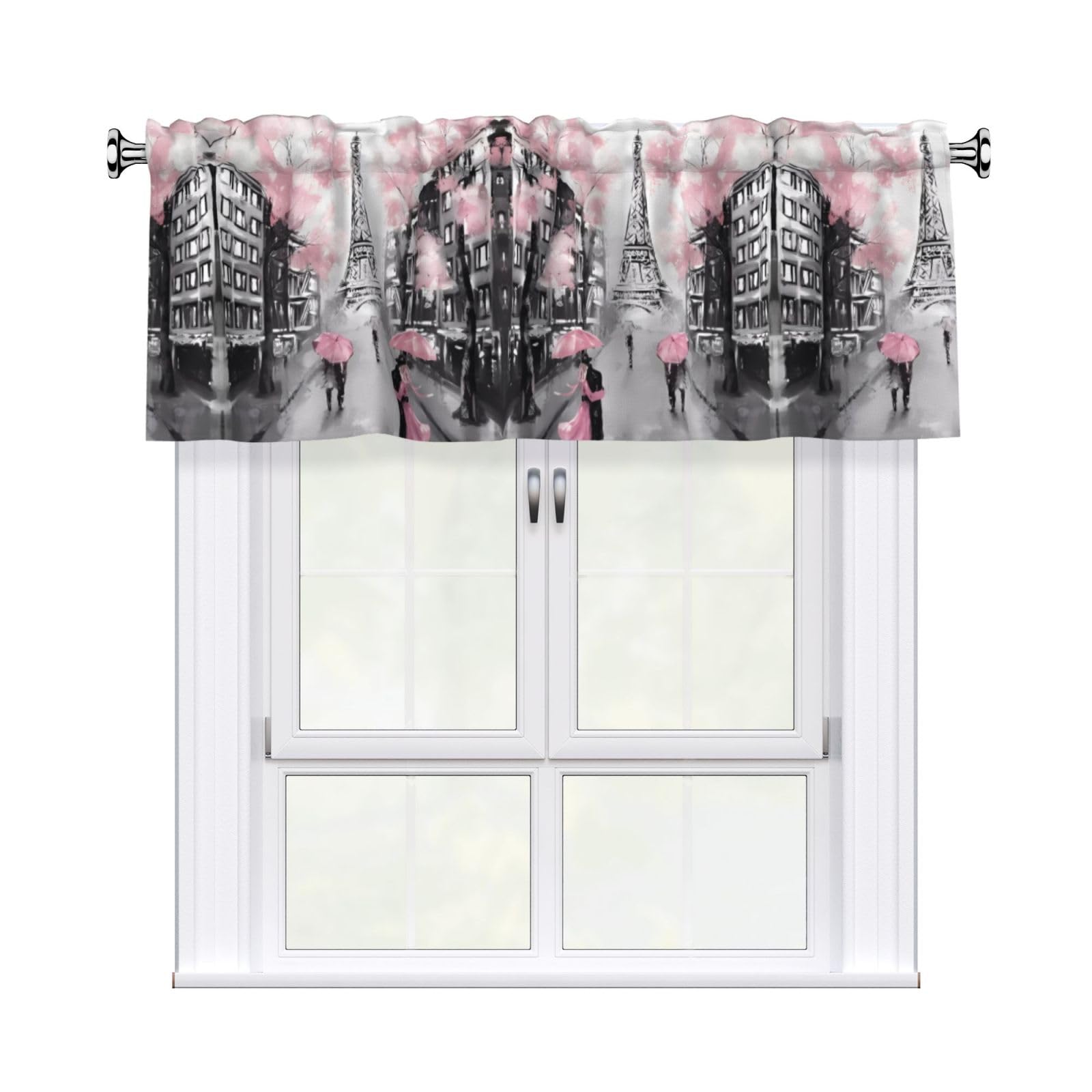 WHJSSF Paris Street Eiffel Tower Pink Floral Prints Housewarming Gift – Peach Skin Window Valance 54x18 for a Cozy Kitchen Refresh