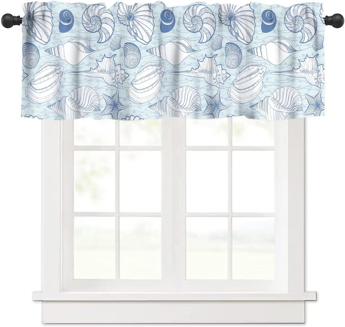 Seashell Kitchen Valance Curtain, Vintage Blue Coastal Corals Sea Beach Sealife Theme Window Treatment Valances for Kitchen Living Room Café Décor 54'x18', 1 Panel