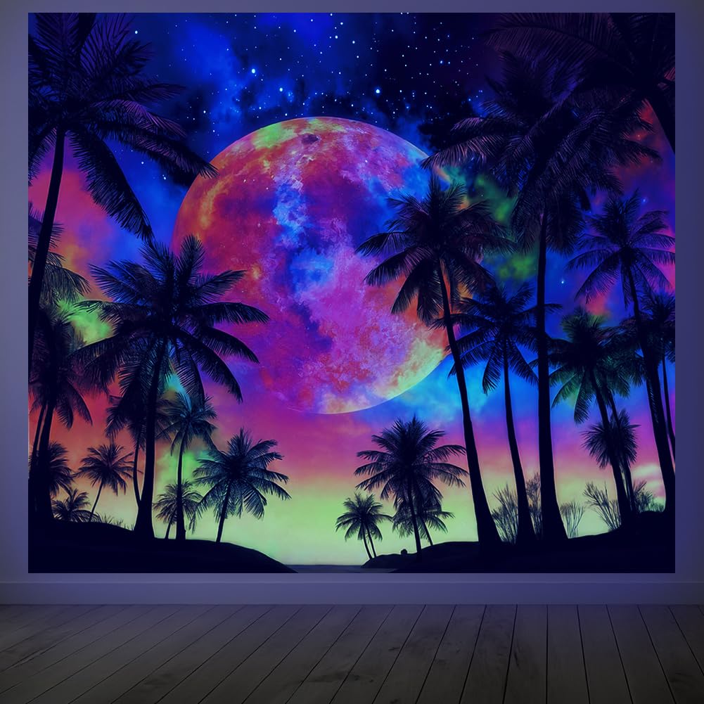 CRAFTYMELODY Palm Tree Blacklight Tapestry Tropical Moon Glow in the Dark Tapestry UV Reactive Cosmic Palm Sunset Wall Hanging 59×51 Inch with Hook Self Adhesive Sticker Clip for Home Wall Decor