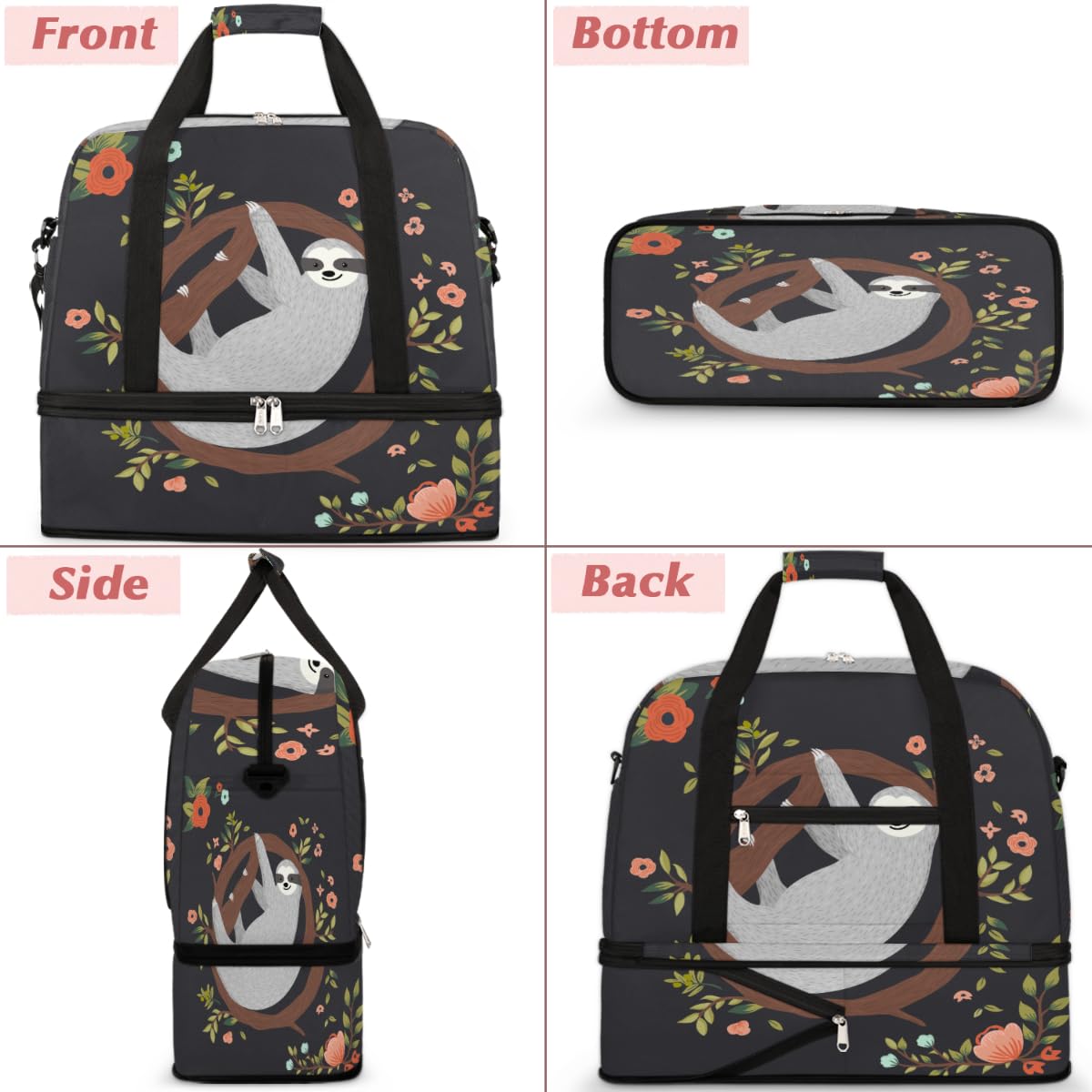 Bolsa de viaje plegable divertida con diseño de árbol de flores de perezoso, bolsa de fin de semana de 47 litros con funda de carrito para deportes, gimnasio, viajes, multicolor, 47L, Bolsa de viaje