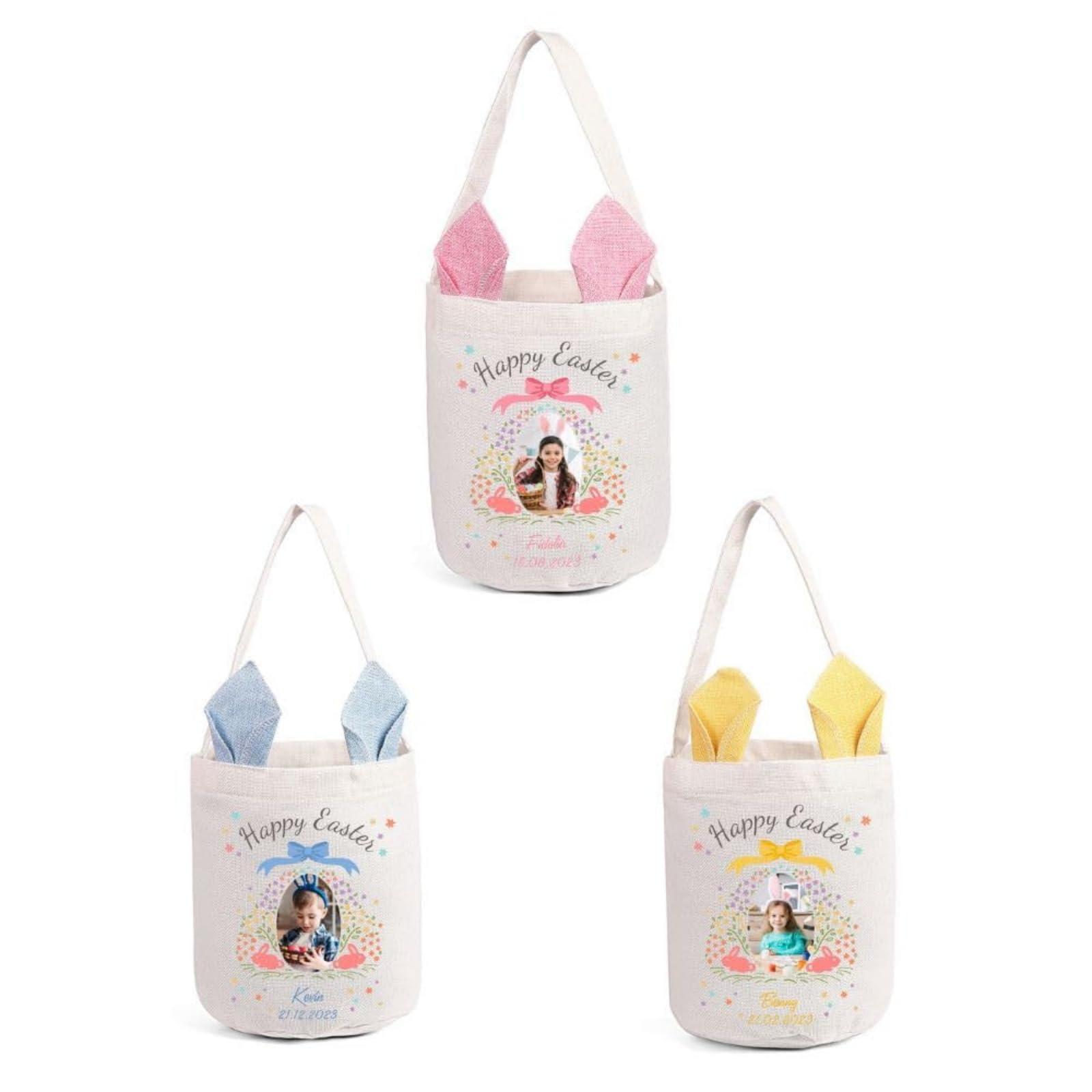 Personalized Easter Basket for Girls Boys - Custom Initials & Name & Photo Easter Bucket for Kids Customized Bunny Easter Baskets Empty for Carrying