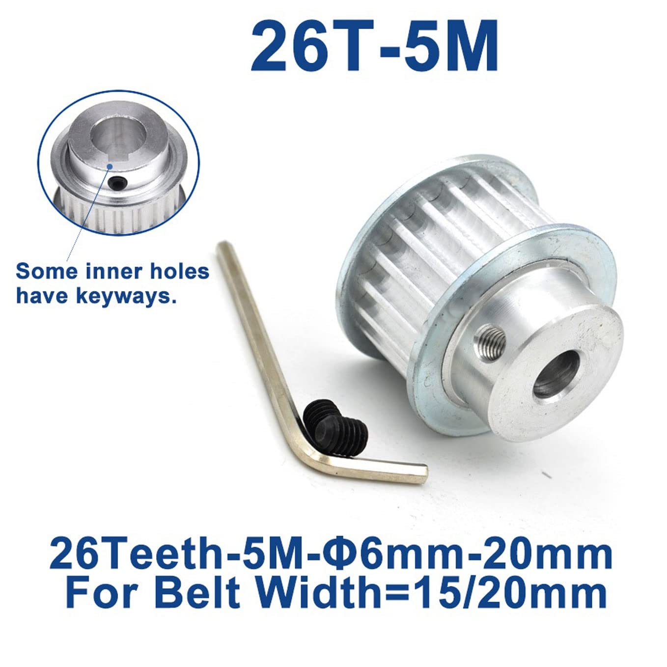 Timing Pulley 26 Teeth HTD 5M Synchronous Pulley, Bore 6/8/10/12/14/15/16/17/19/20mm, for Width 15/20mm HTD5M Timing Belt, 26Teeth 26T (NO.1234)(for Belt Width 15mm,Bore 8/3x1.4)