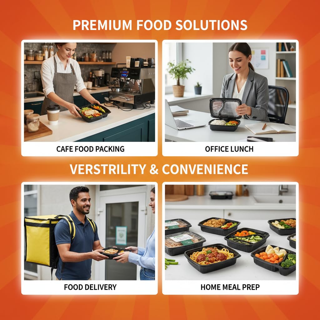 Khaana Packaging Meal Tray with lid Set of 50pc Microwave Safe 2 Compartment Plates for Dinner, Lunch,Unbreakable Made of 100% BPA Free Food Grade Black, Lunch Box Thali (2CP I 50PCS) 3