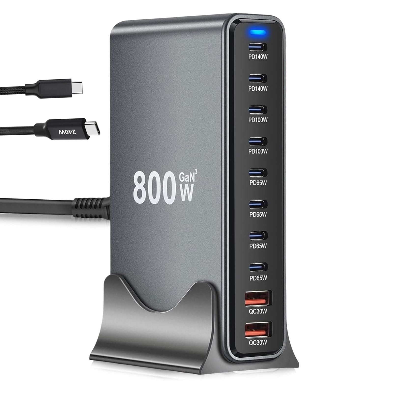 800W Caricatore USB Multiplo, 10 Porte (8 USB-C + 2 USB-A) con Ricarica Rapida, Con Cavo USB, Caricatore PD PPS 100W Alimentazione per MacBook, iPad Pro/Air etc