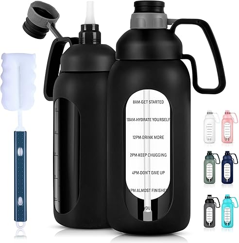Miniatura 1 de Aqulea Botella de agua de vidrio de 42 onzas con pajilla botella de agua motivacional grande con marcador de tiempo sin BPA con asa y funda botella