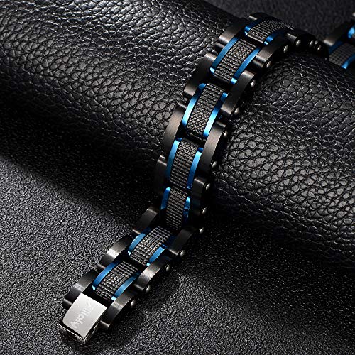Zillaly Men's Stainless Steel Two-Tone Square Link Diamond Bracelet In Black & Blue Ion-Plated Black (Black & Blue) #TOP2