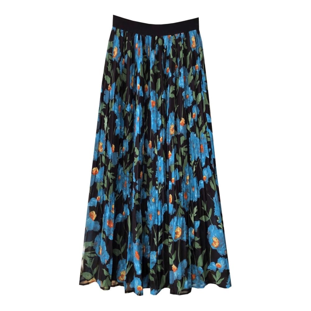 Womens Floral Print Lined Skirts Maxi Casual Boho High Waisted Flowy Hem Trendy A Line Pleated Skirt