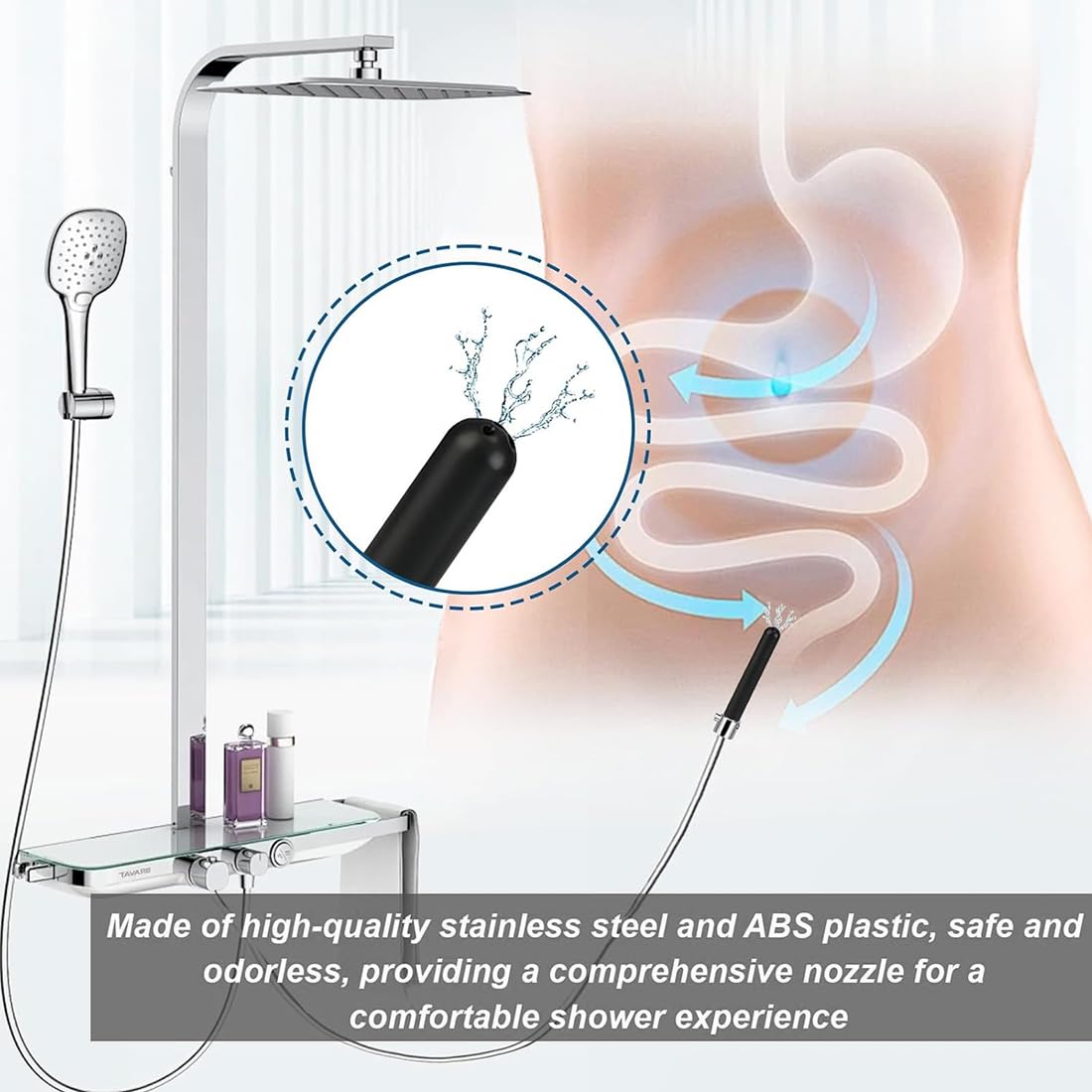 HAGNA Set di accessori doccia per irrigazione intestinale, 1 Set, Doccia anale per uomo e donna, con regolatore di flusso, Accessorio per irrigatore, Soffione doccia metallico a 5 fori, Doccia intima