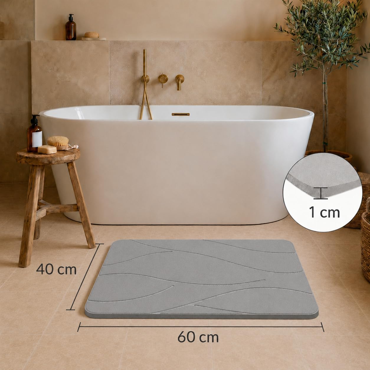 Alfombra de Baño de Diatomita 40 x 60 cm, Piedra Ultra Absorbente de Secado Rápido, Antideslizante y Antibacteriana, Alfombrilla de Ducha, Fácil de Limpiar. (Gris)