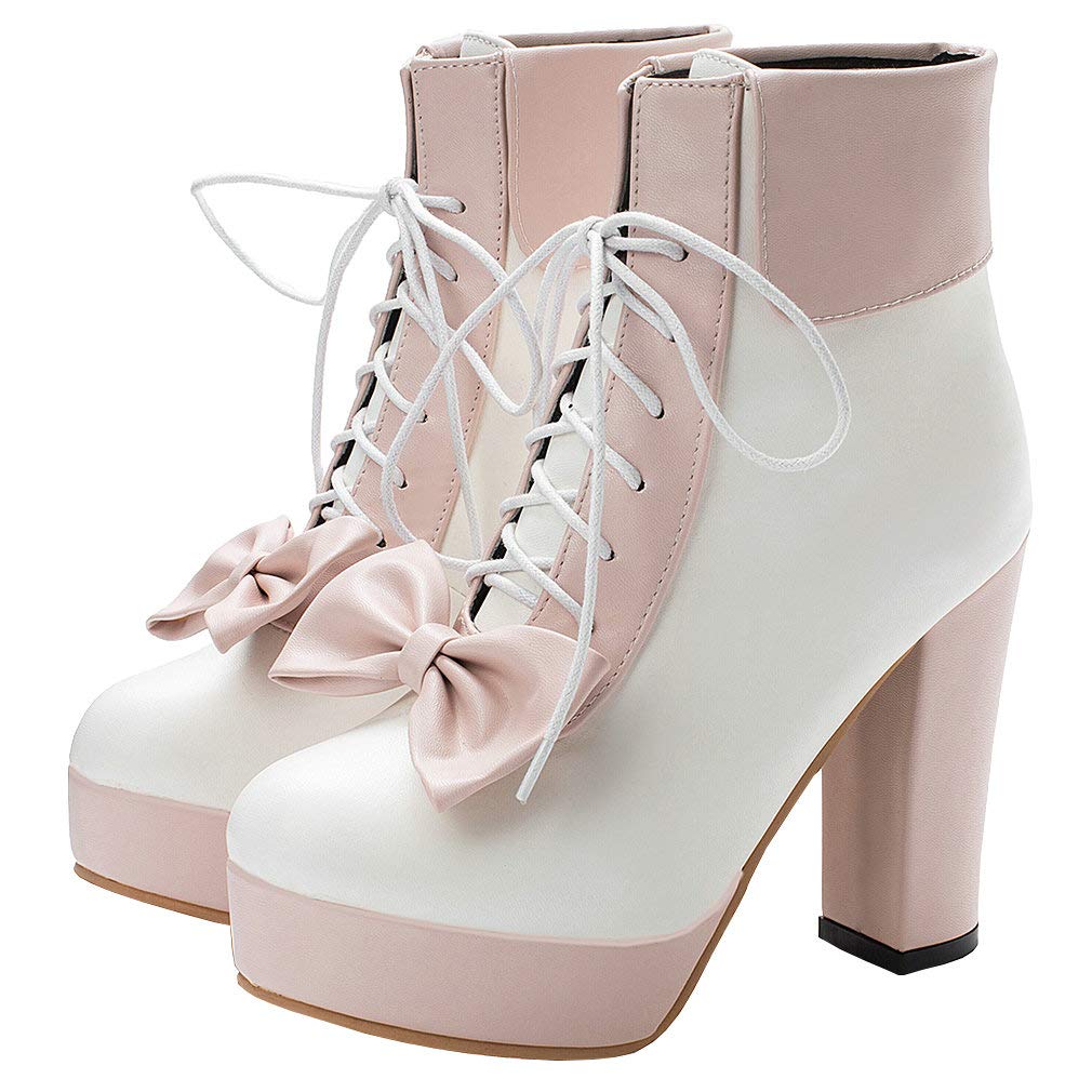 Parisuit Womens Dress Kawaii Boots Chunky High Heel Platform Ankle Booties Lace Up Sweet Bow Shoes