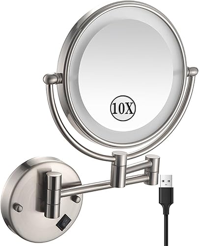 Miniatura 15 de KEYQEEN Espejo de maquillaje LED con luces, espejo de aumento de doble cara 1X/10X, espejo cromado montado en la pared giratorio de 360° extensible