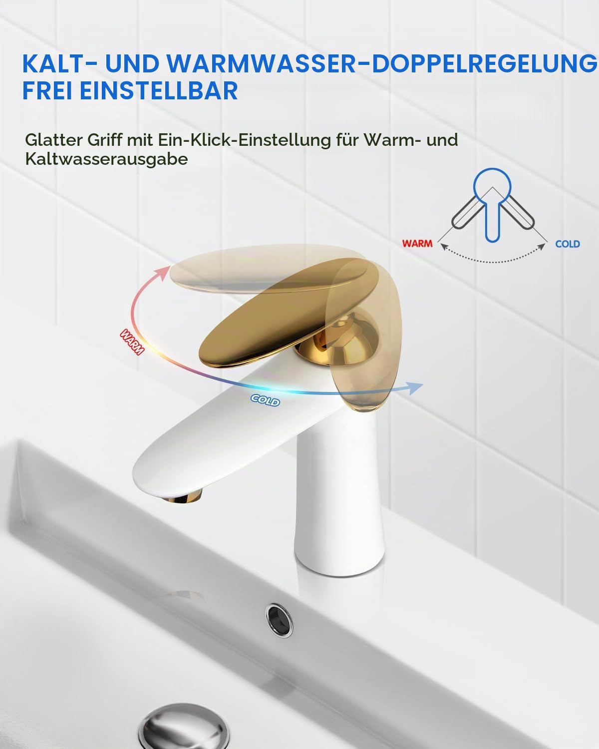 Waschtischarmatur Weiß Gold Messing Einhandmischer Hochdruck | Massives korrosionsfestes Messing mit kratzfester,Oberfläche Keramikkartusche für tropffreie Einhand-Wassersteuerung