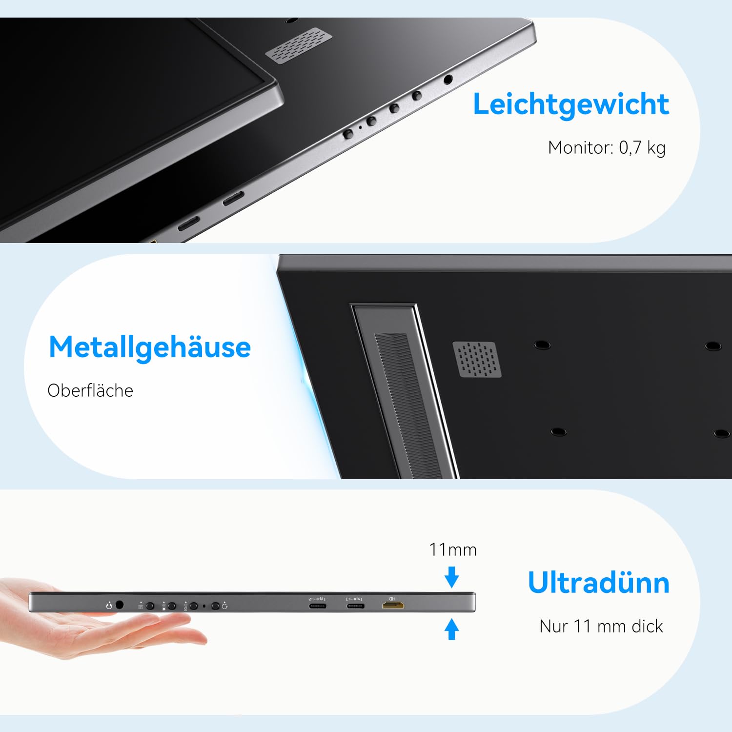 14 Zoll tragbarer externer Monitor, 1920 x 1200 Pixel 60 Hz 99% sRGB, Mini-HDMI USB-C Monitor mit integrierten Lautsprechern, portabler Zweitbildschirm für Laptop PC PS4 PS5 Xbox