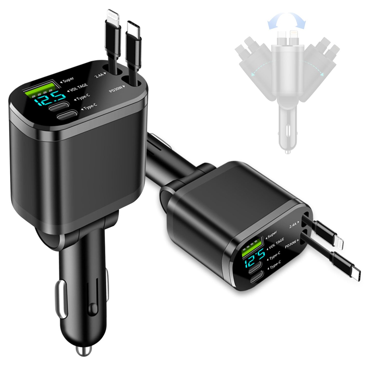 車 充電器 シガーソケット USB【巻き取り式】カーチャージャー 5in1 車載…