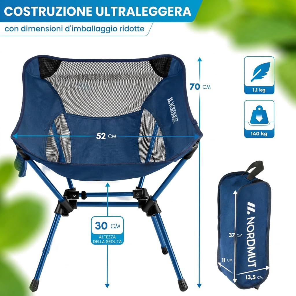 NORDMUT® Sedia da campeggio compatta e ultraleggera – con portata fino a 150 kg – Sedia pieghevole leggera in alluminio per campeggio, outdoor e festival (Blu 1x)