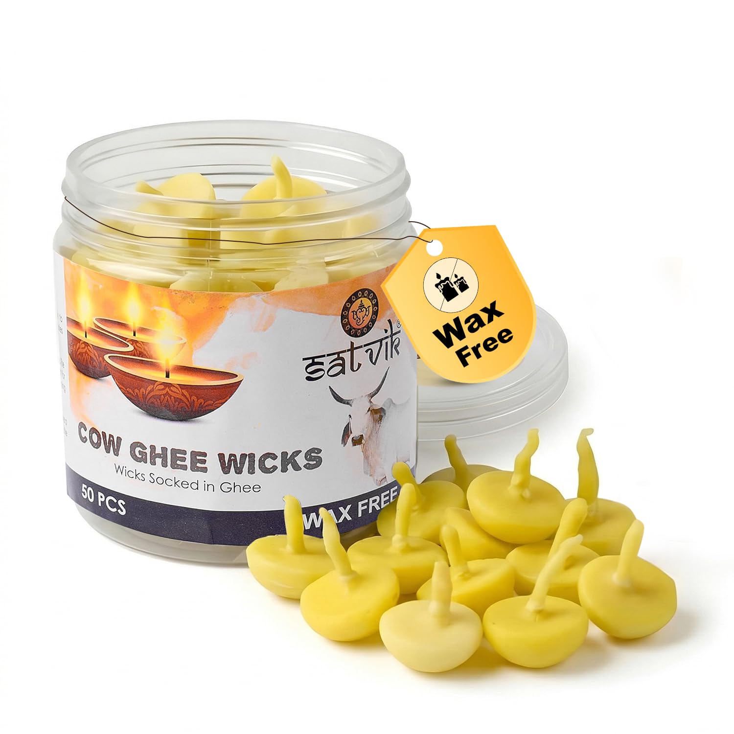 SATVIK 50 Pc Pure Cow Ghee Wicks for Puja (Upto 30 Mins) Ghee Diya Pooja Home and Mandir. Nitya Pujan Readymade Ghee Diya Pujan Indian Housewarming Return Gift Items Accessories. Diwali Cotton Wicks