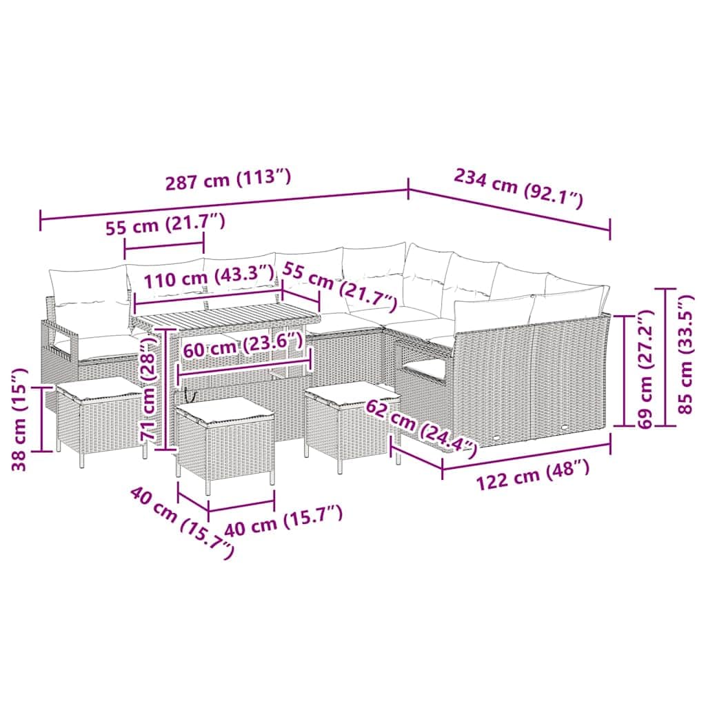 13-częściowy zestaw mebli ogrodowych z poduszkami i miejscem do przechowywania, czarny polirattan, odporny na warunki atmosferyczne, na balkon, taras, do wypoczynku na świeżym powietrzu, ze
