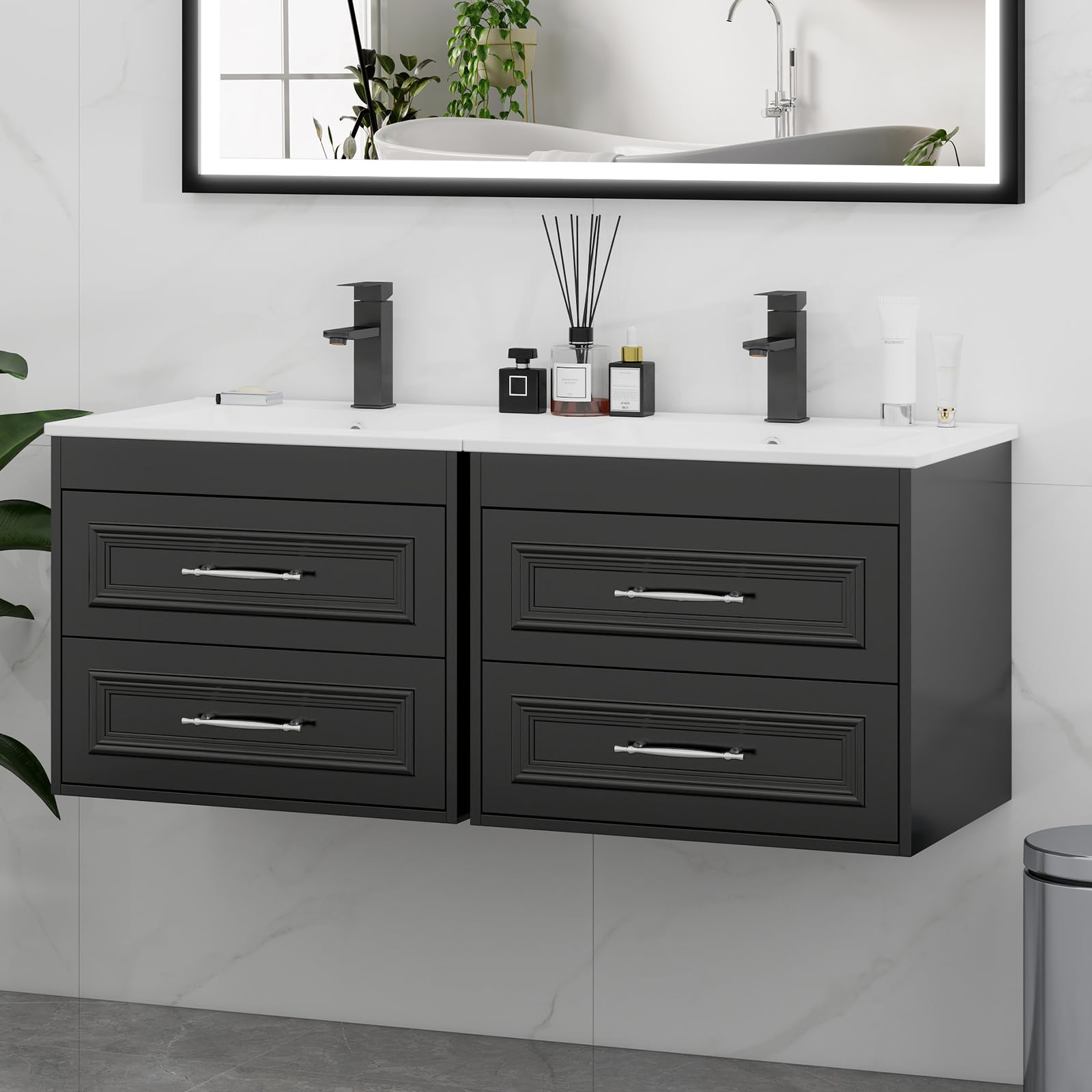 YU YUSING 60 cm Ensemble de Meuble de Salle de Bain Suspendu - Lavabo Céramique Blanc Incrusté, Robinet Noir, 2 Grands Tiroirs à Fermeture Douce, Design Moderne, Blanc et Noir, pour Espace Réduit